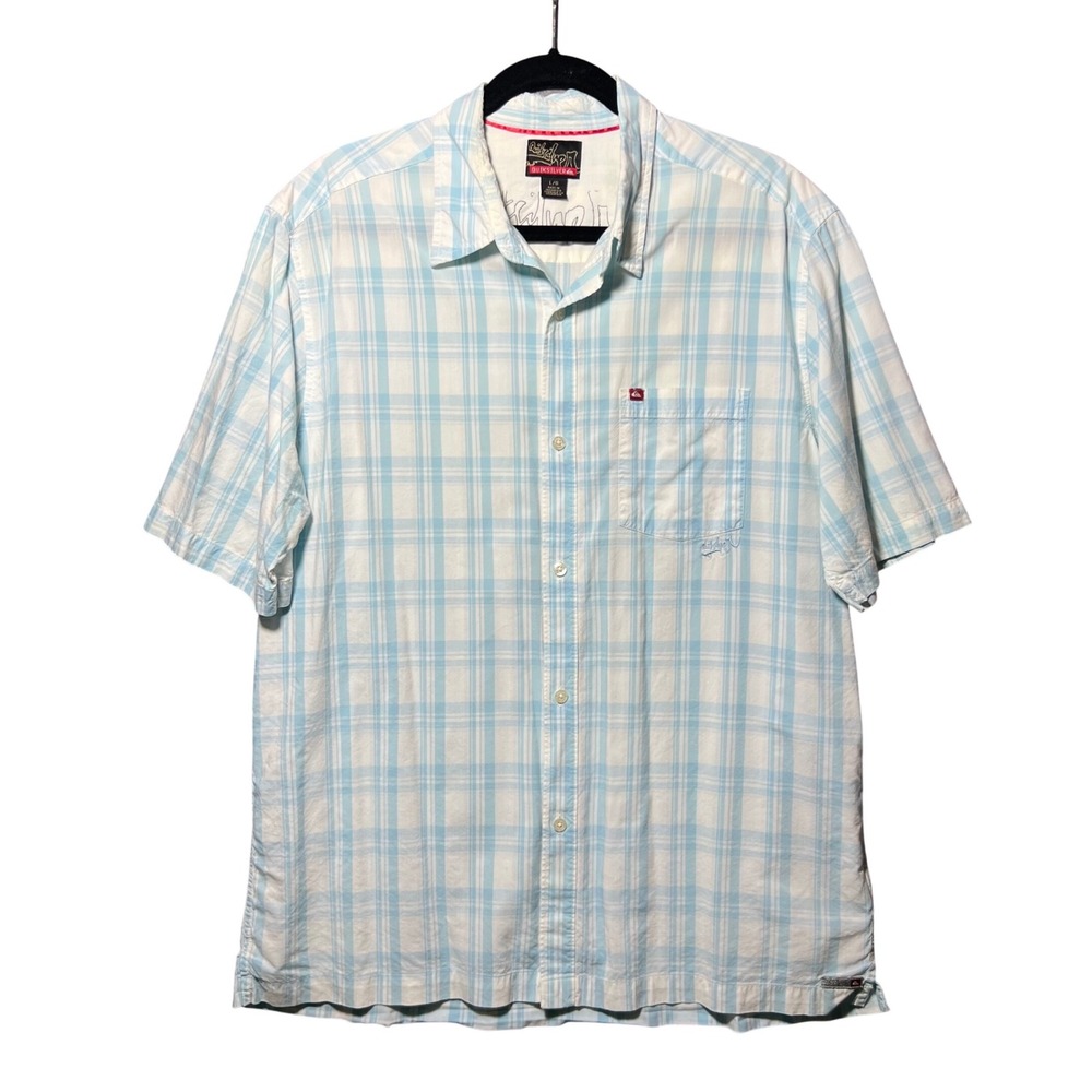Vintage Quiksilver Y2K Plaid Short Sleeve Button Up Shirt Blue White Large Modal